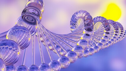 Science Molecular Clear DNA Model Structure under blue-yellow flash lighting background. 3D illustration. 3D CG. 3D high quality rendering.