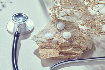 Stethoscope with natural, delicate beige background and props. Health care and medicine concept......
