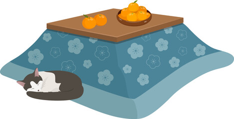 こたつとみかんと丸くなる猫_ベクターイラスト