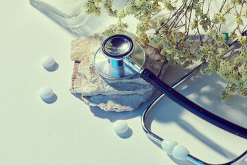 Medicine concept mockup with delicate natural beige background and props. Health care, doctor,...