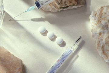 Medicine concept mockup with delicate natural beige background and props. Health care, doctor,...