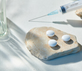 Medicine concept mockup with delicate natural beige background and props. Health care, doctor,...