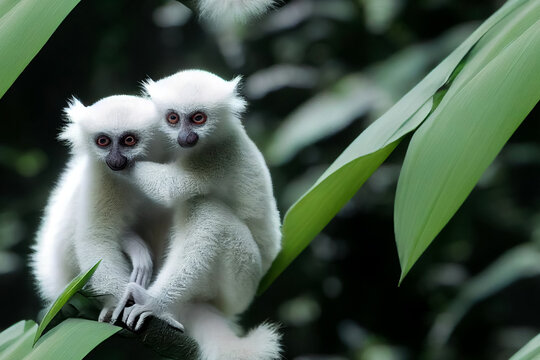 Vegetable seamless pattern with lemurs. Cute white lemur sitting on a tree branch in the tropical forest. design of fabric, paper, wallpaper, and notebook covers. Wildlife. 3d render

