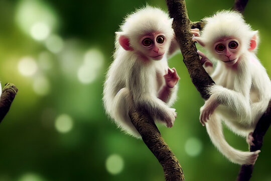 Cute white monkey sitting on a tree branch in the dark tropical forest. Seamless background with monkeys. Wildlife. 3d render