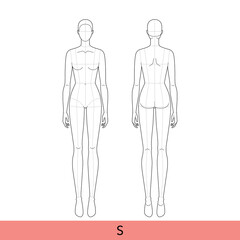 S Size Women Fashion template 9 nine head Croquis Lady model skinny body with main lines figure front, side, 3-4, back view. Vector isolated sketch outline girl for Fashion Design, Illustration