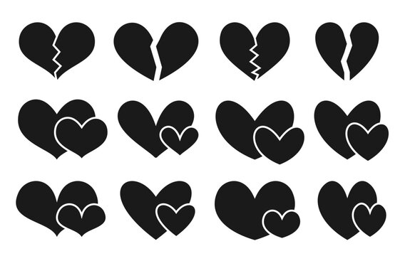 Heart flat icon set. Couples of hearts in love concept icons. Different shape of broken and lovely hearts black stamp or stencil. Wedding or Valentine day symbol isolated on white