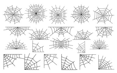 Spider web set. Scary spiderweb outline decoration isolated on white background. Hanging Halloween cobwebs. Tangled web for catching insect in spooky darkness. Cobweb collection line art spiders webs