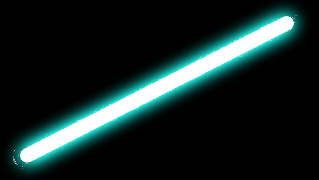 Lightsaber animation with a blue glow on a black screen. Energy weapons turn on and off. Neon lamp with current pulses in 4k with alpha channel.