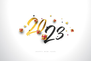 Happy New Year 2023 with Gold Numbers and Realistic Gift Box Isolated on White Background. New Year Design for Banner, Poster and Greeting Card
