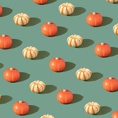 Trendy pattern with orange and yello pumpkin on bold green background. Minimal Creative concept autumns or thanksgiving wallpaper.
