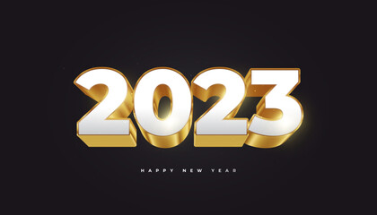 Happy New Year 2023 with White and Gold 3D Numbers Isolated on Black Background. New Year Design for Banner, Poster and Greeting Card