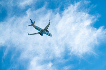 Fototapeta na wymiar the plane is flying against the blue sky