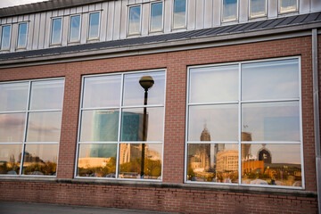 Reflection of downtown, White River State Park, Indianapolis, Indiana, USA.