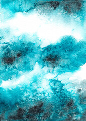 Fototapeta na wymiar Watercolor blue turquoise abstract texture background, water, frost,fluid, ink,clouds, sky, space,cosmic, woods, forest, indigo, indantrene, azure,wallpaper, paint backdrop, ice,banner, card, wedding