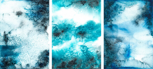 Watercolor blue turquoise abstract texture background, water, frost,fluid, ink,clouds, sky, space,cosmic, woods, forest, indigo, indantrene, azure,wallpaper, paint backdrop, ice,banner, card, wedding
