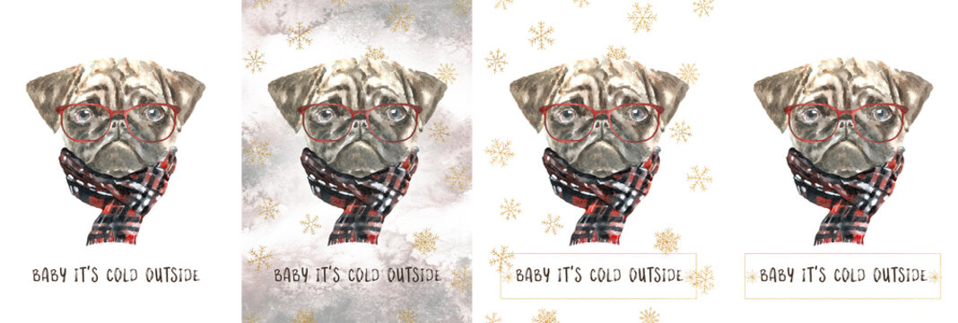 Watercolor Christmas dog breed pug illustration, cute dog head hipster portrait, dog in warm clothes, card design new Year,Noel print, poster, flyer, frame art  greeting card,glasses,scarf,costume     - Powered by Adobe