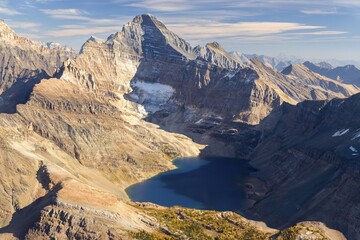 Mount Biddle High Above Lake McArthur, Yoho National Park, BC Rockies. Scenic Aerial Canadian Rocky Mountain Autumn Landscape