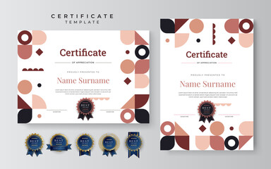 Beige brown pastel modern certificate of achievement template with gold badge and border. Certificate template with flat geometric mosaic pattern