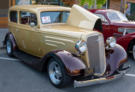 Chevrolet Standard 1935 beige and brown at car exhibition.  Snohomish, WA, USA - September 2022