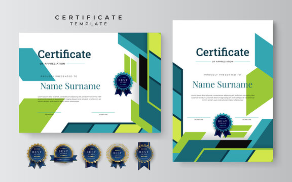 Blue And Green Modern Certificate Of Achievement Template With Gold Badge And Border. Certificate Template With Flat Geometric Mosaic Pattern