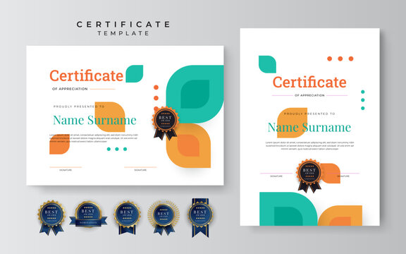 Orange And Green Modern Certificate Of Achievement Template With Gold Badge And Border. Certificate Template With Flat Geometric Mosaic Pattern Design