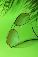 Stylish sunglasses and palm branches on green background
