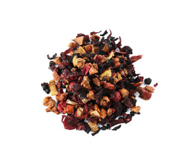Pile of dried herbal tea leaves with fruits on white background, top view