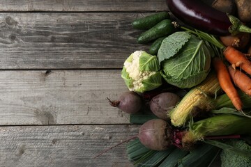 Different fresh ripe vegetables on wooden table, flat lay with space for text. Farmer produce
