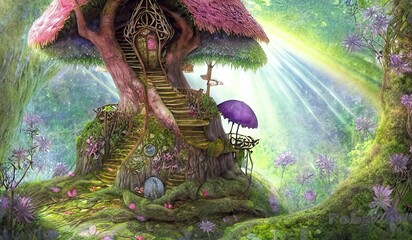 Enchanted cute fairy tree house in an old tree, magical dream fantasy forest with great vegetation and flowing waterfalls, rays of light, butterflies, flowers, storybook illustration - obrazy, fototapety, plakaty