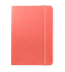 Coral notebook isolated on white, top view