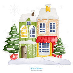 Watercolor winter house with Christmas Tree, Digital painting watercolor illustration..