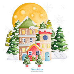 Scene of Winter house and Full Moon, Watercolor Vector illustration