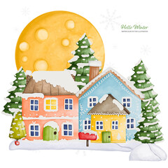 Three Winter house and Full Moon, Watercolor Vector illustration..