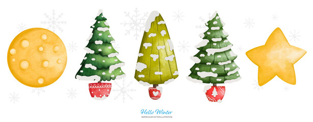 Watercolor Christmas Tree and Star, Watercolor Vector illustration..