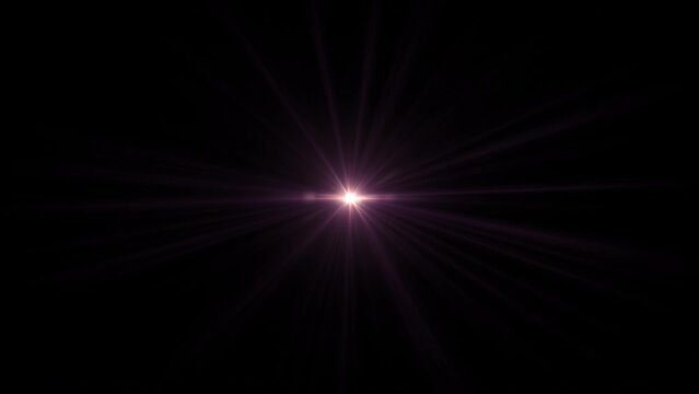 Center flickering pink purple star sun lights optical lens flares shiny animation art background.Lighting lamp rays effect dynamic bright video footage.Gold glow star optical flare