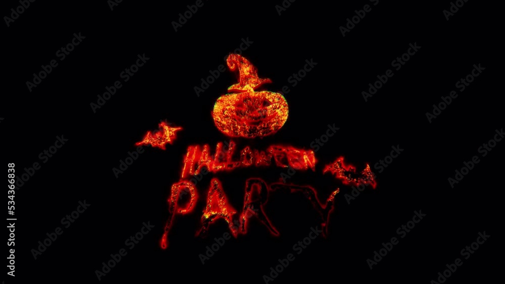 Poster fire burn text of halloween party word. the golden red shine lighting of halloween party loop animat