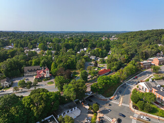 Belmont historic town center aerial view including First Unitarian Universalist Church and Belmont...