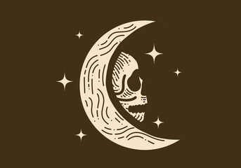 Line art drawing of a moon and skull