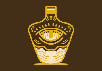 Line art drawing of a bottle and devil eye