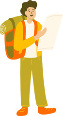 Fun Man with Backpack and Map Hand Drawn Summer Camp Illustration
