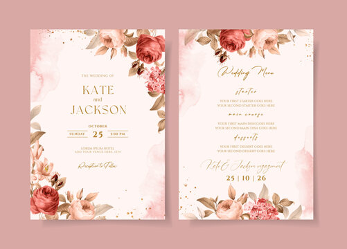 Wedding invitation and menu template set with beautiful floral and leaves decoration