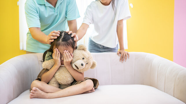 Family Talking To Upset Little Child Girl Showing Care Give Love Support, Single Parent Mother Comforting Sad Small Sullen Kid Daughter Feeling Offended.