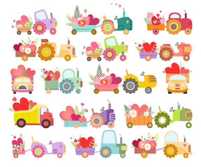 Cute Tractor and Van with Cart Full of Flowers and Hearts Big Vector Set