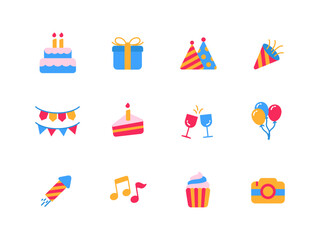 Set of birthday party icons with flat style isolated on white background. Birthday party elements