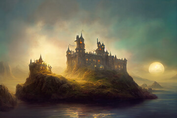 Beautiful castle sea illustration - obrazy, fototapety, plakaty