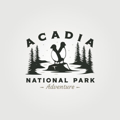 acadia national park vintage logo vector symbol illustration design, puffin on the stone symbol - obrazy, fototapety, plakaty