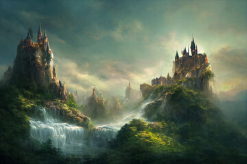 Beautiful castle waterfall illustration