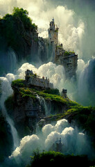 Fototapeta premium Beautiful castle waterfall illustration