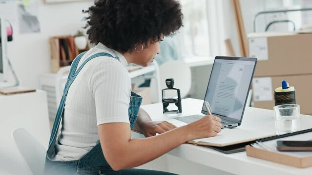 Woman, laptop or notebook writing for logistics calendar, ecommerce shipping schedule or e commerce retail. Handheld view of thinking Brazilian worker, technology or startup product delivery planning