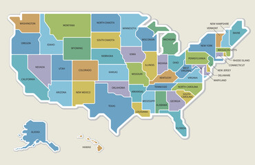 アメリカ合衆国の地図　50州色分け　州名入り